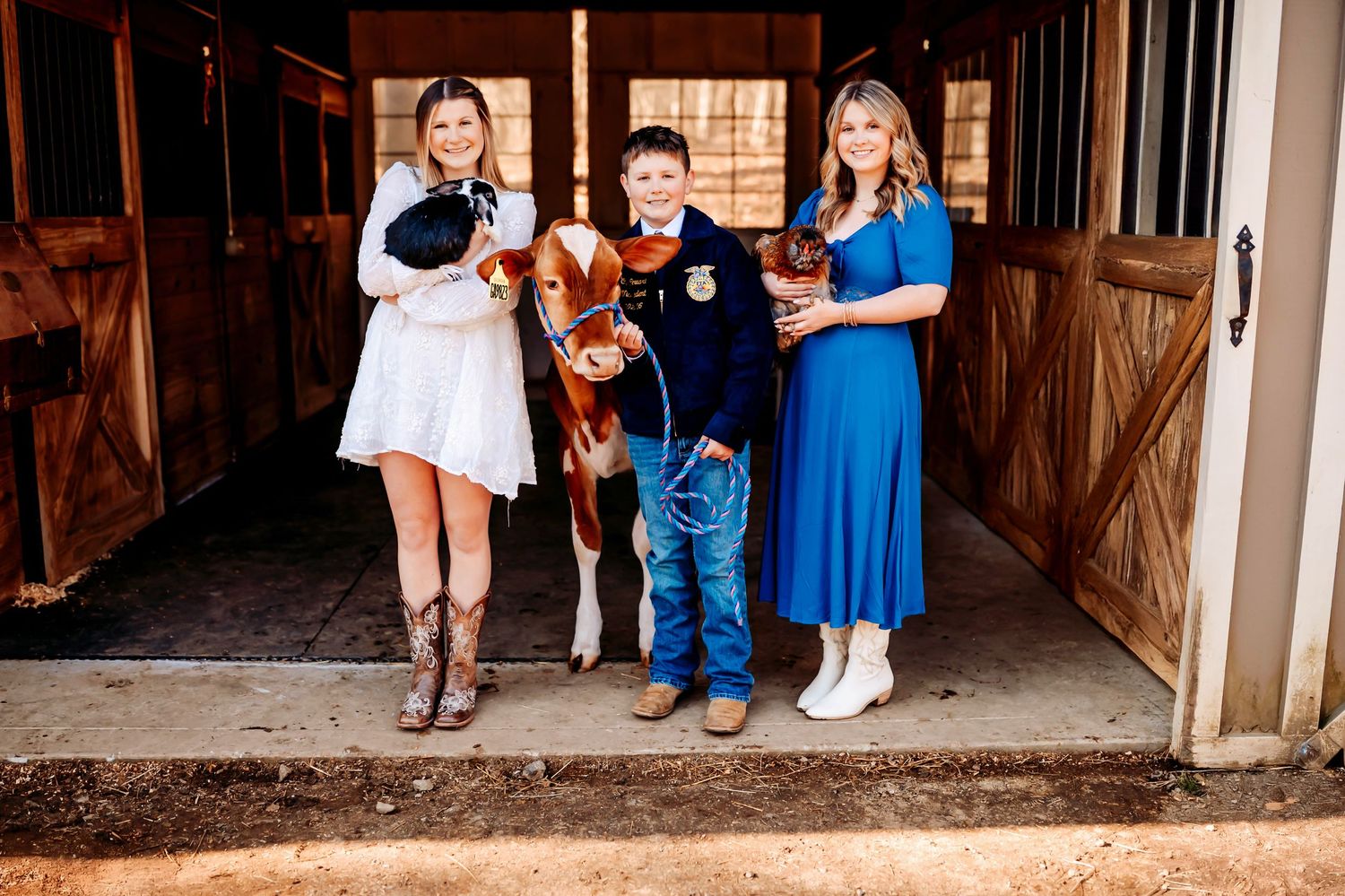 A series of candid photos showing people posing together in a rustic barn setting with natural lighting.