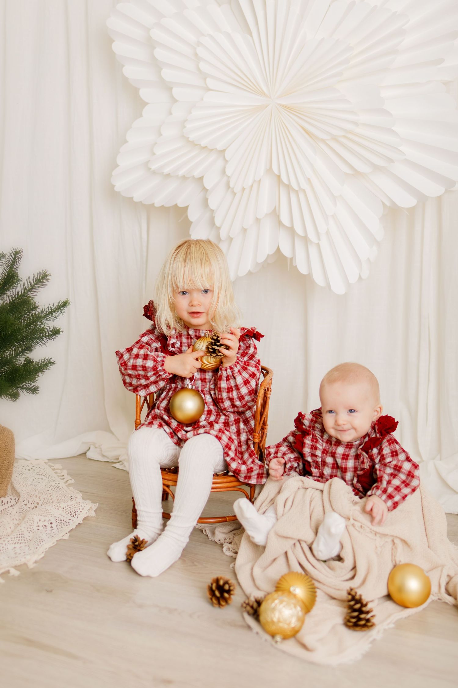 Two young girls in matching red plaid dresses pose with gold Christmas ornaments in a festive white holiday setting.