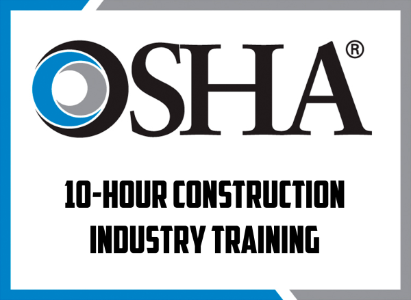 OSHA 10-hour construction industry training certification logo with blue and gray design.