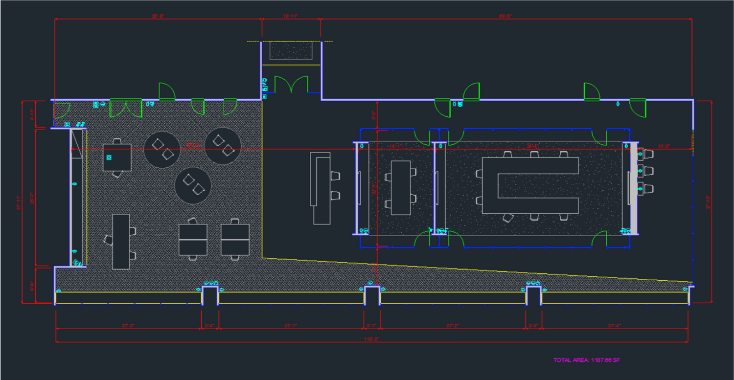 AutoCAD floor plan of an office space with furniture layout and dimensions in dark background.
