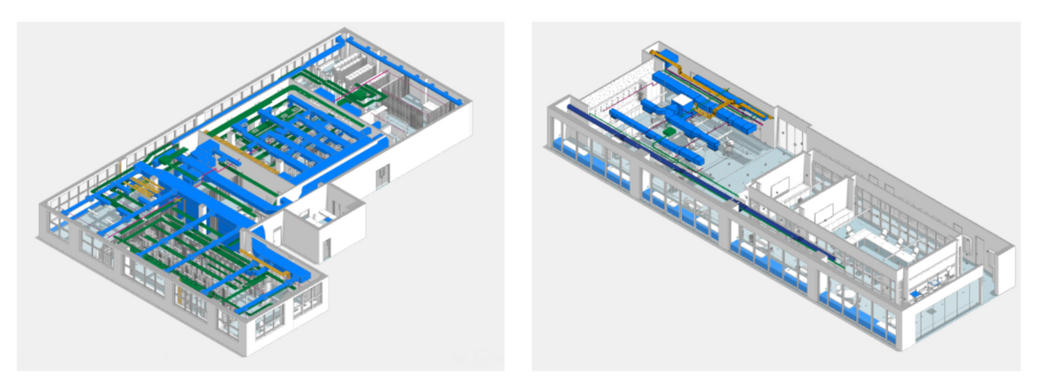 3D isometric view of office space with blue HVAC system layout and mechanical components.