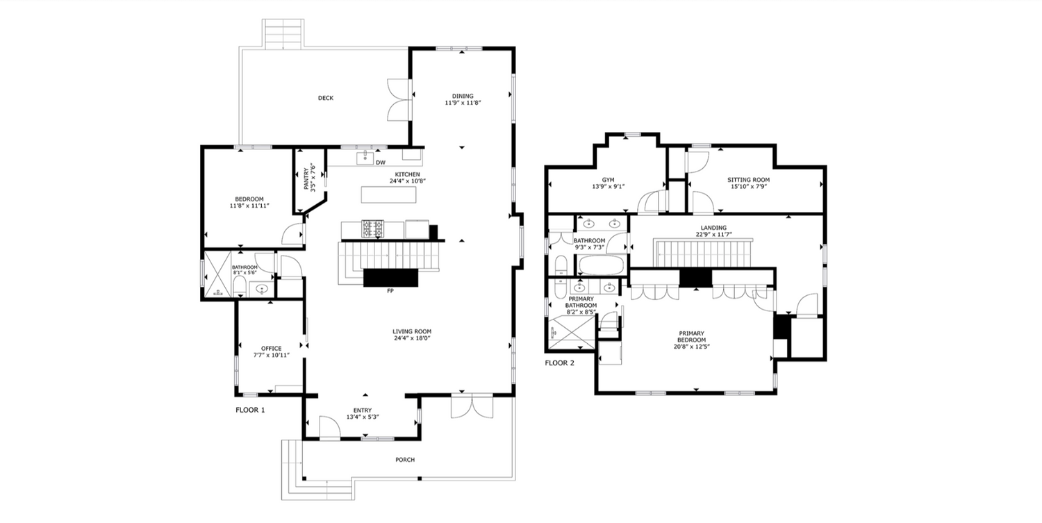 Floor plan layout of a two-story residential building with detailed room arrangements.