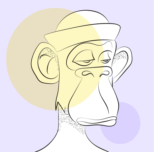 Minimalist line art illustration of a Bored Ape NFT character wearing a white cap on a pastel purple background.
