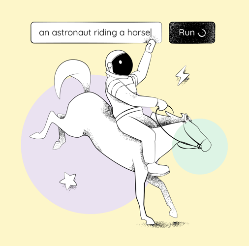 Illustration of an astronaut in a white spacesuit riding a rearing horse, with stars and lightning bolts around them.