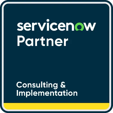 ServiceNow Consulting and Implementation Partner official badge on dark navy blue background.