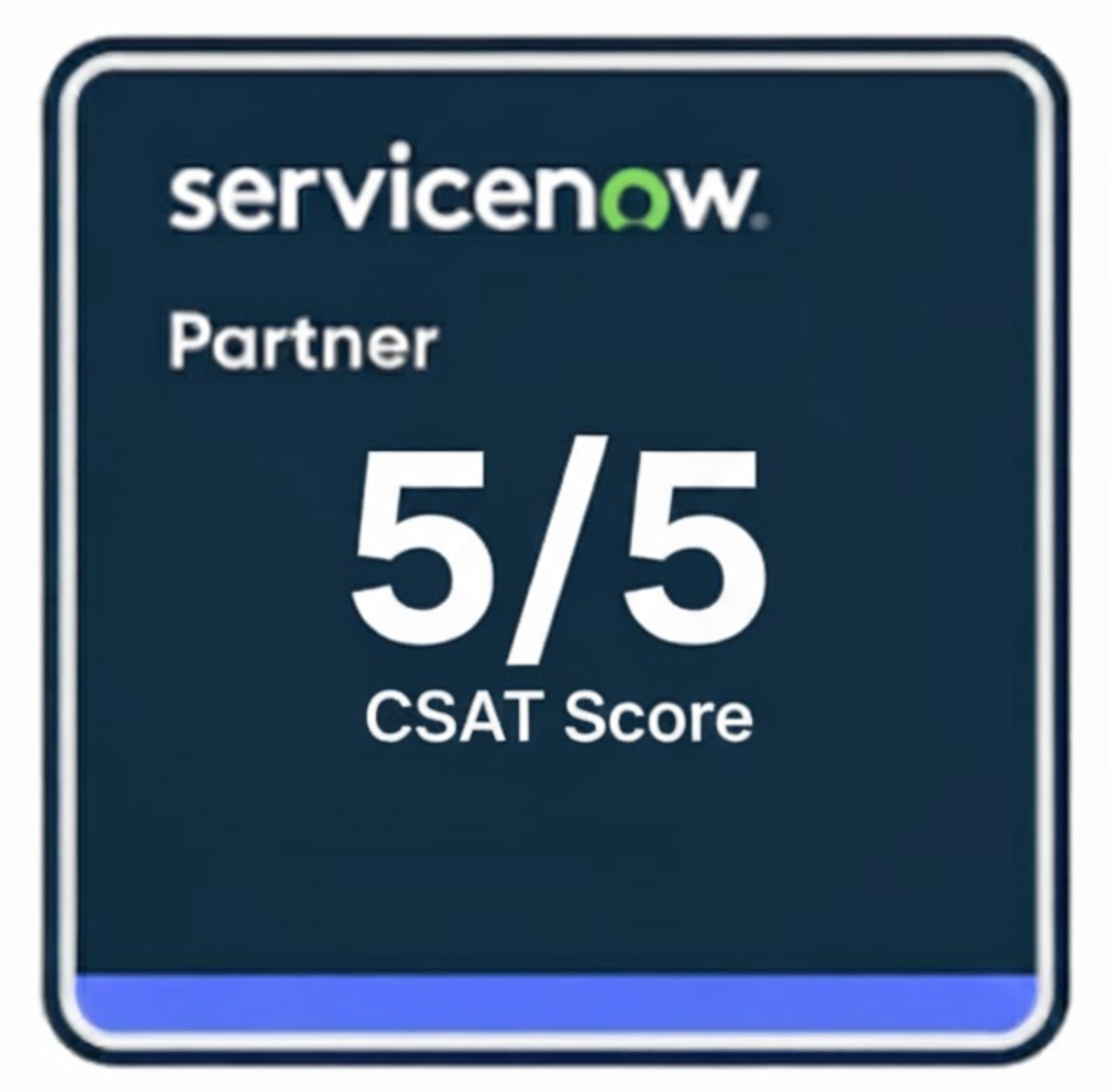 ServiceNow Partner badge displaying a perfect 5/5 CSAT Score rating.