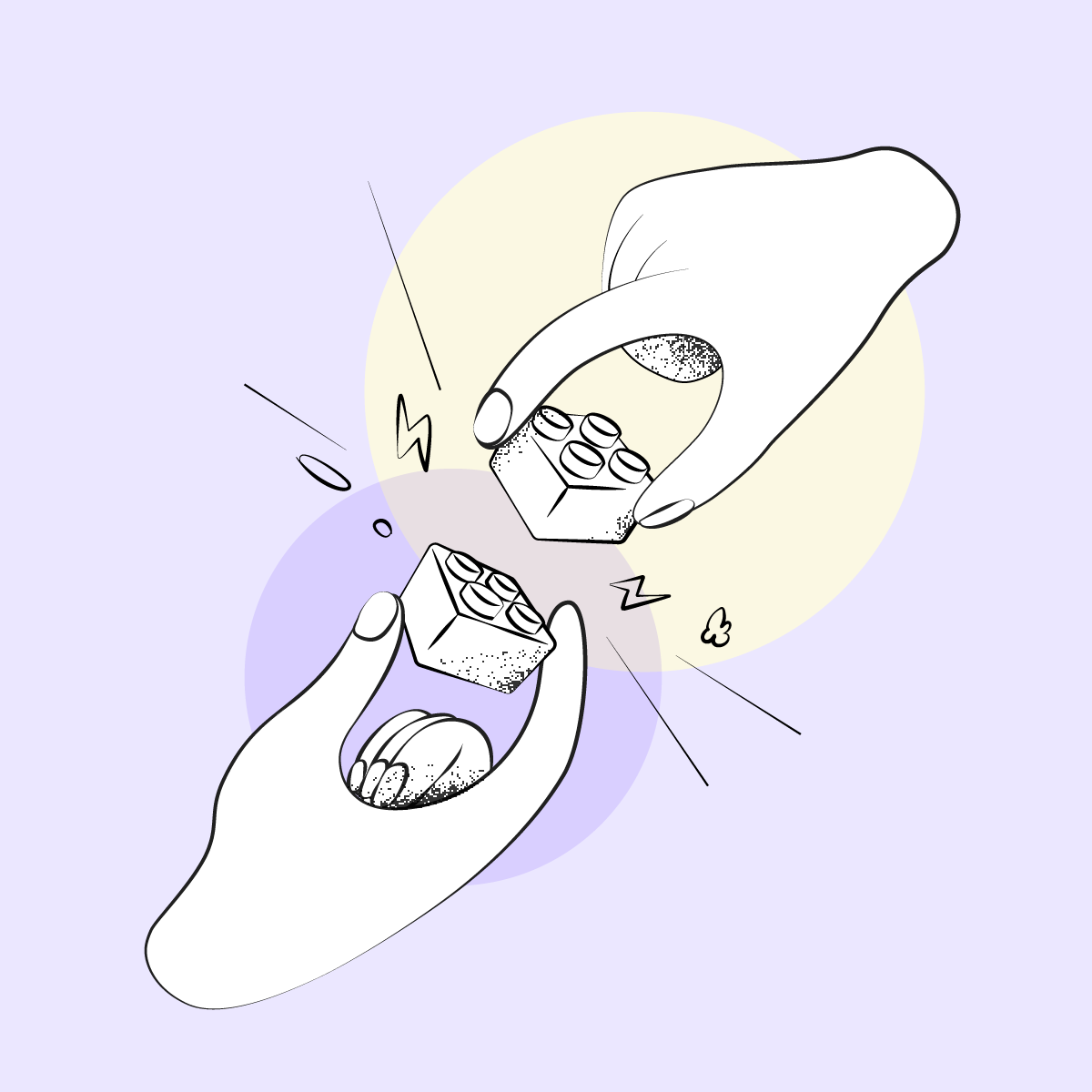 Two illustrated hands exchanging glowing sugar cubes with sparkling light effects on a pastel purple background.