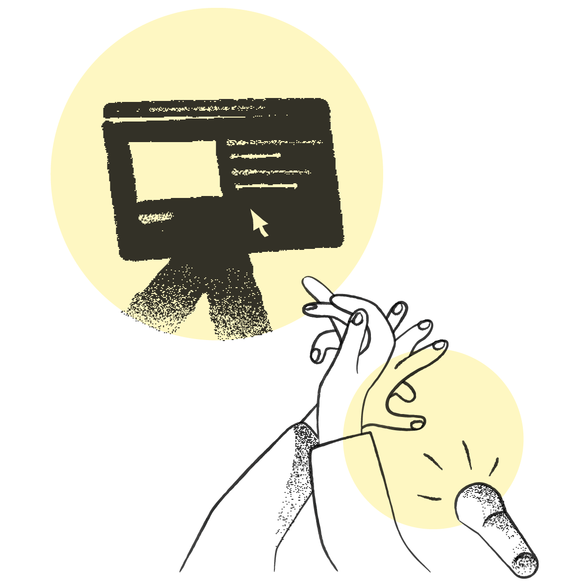Hands gesturing toward a computer monitor with cursor, digital interaction and web browsing concept illustration.
