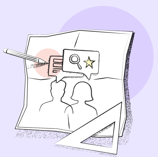 Sketch of two people with speech bubble containing search and star icons on paper.