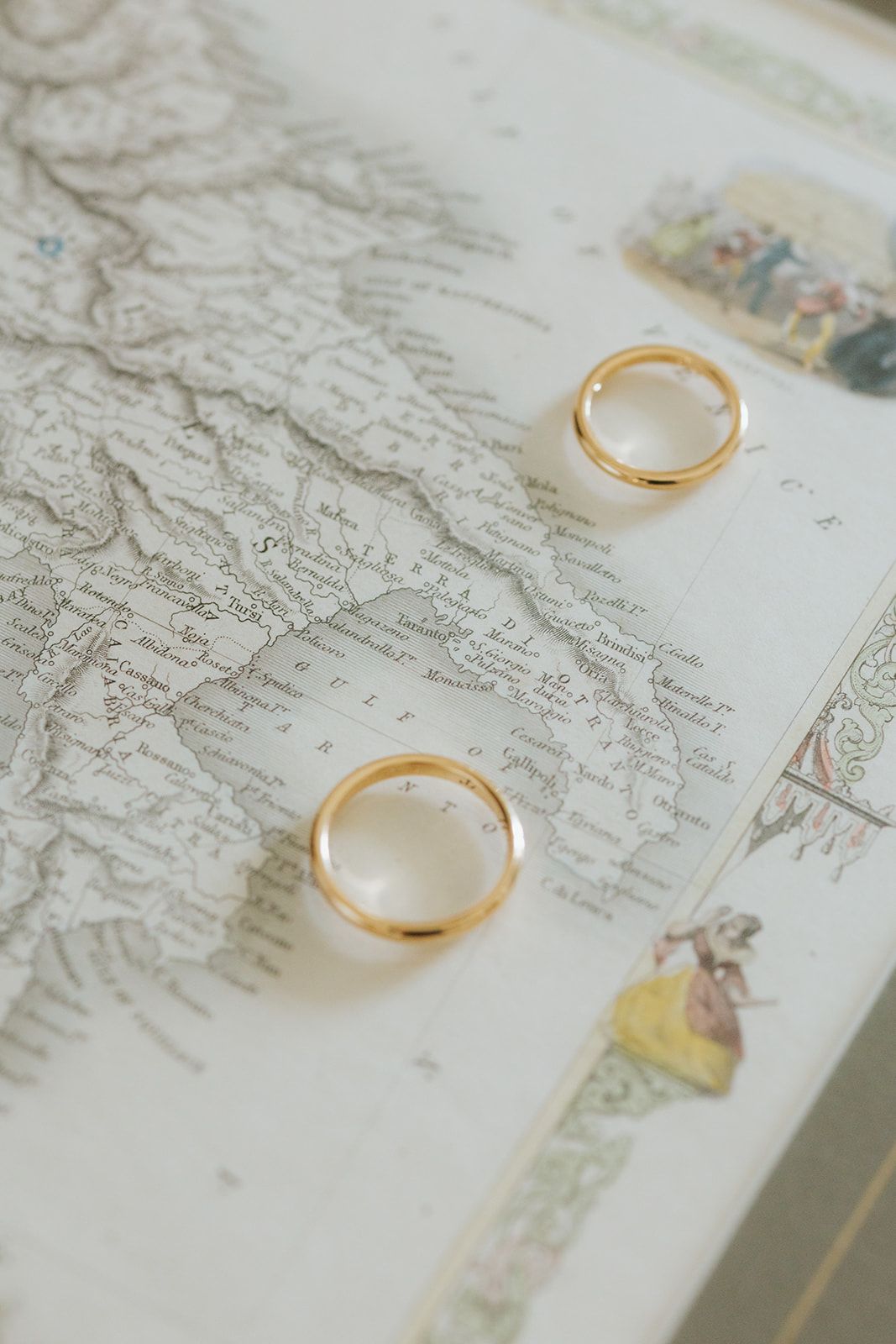 Wedding rings laid out on antique paper or map in series of paired photos showing different compositions and angles.