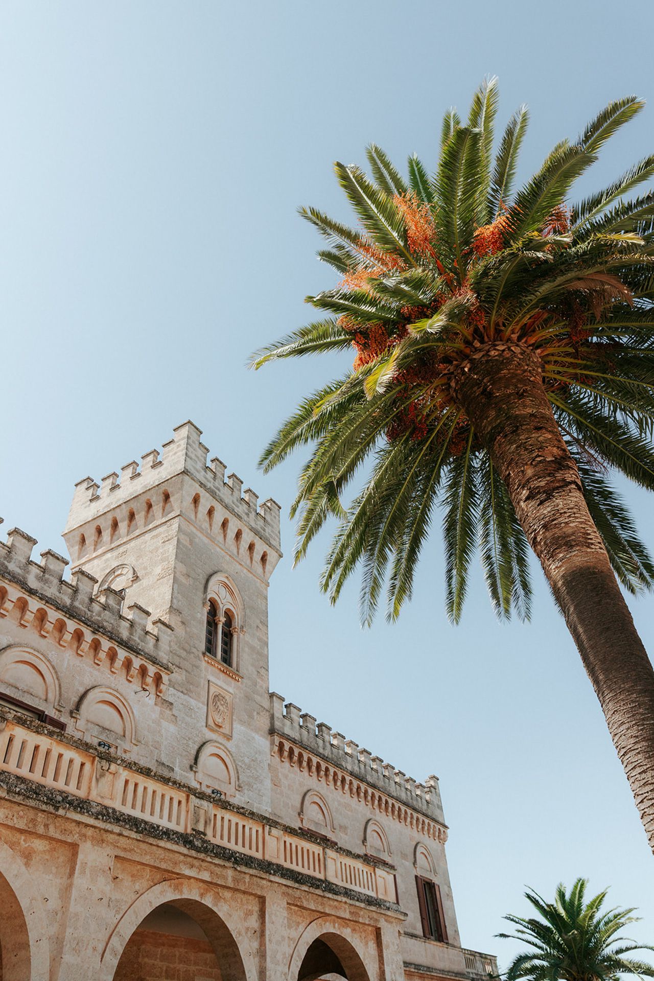 Historic Mediterranean stone church with Gothic arches and tall bell tower framed by swaying palm trees against blue sky.