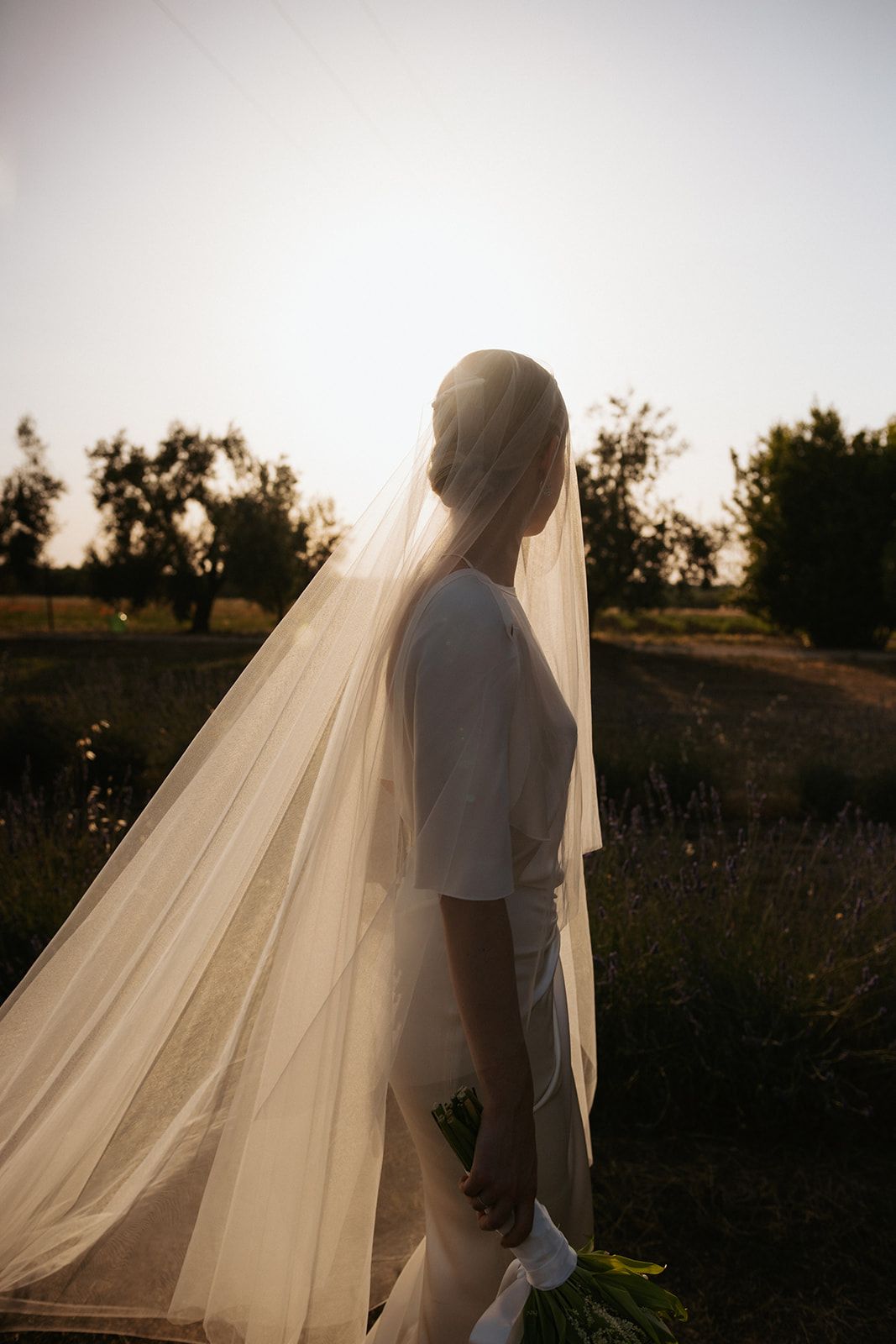 A bride in a flowing veil stands silhouetted against a sunset in a rural field during golden hour.