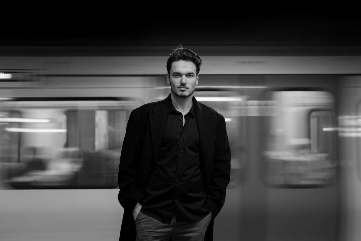 Artistic motion blur photo in black and white with subway or train passing. London, UK.