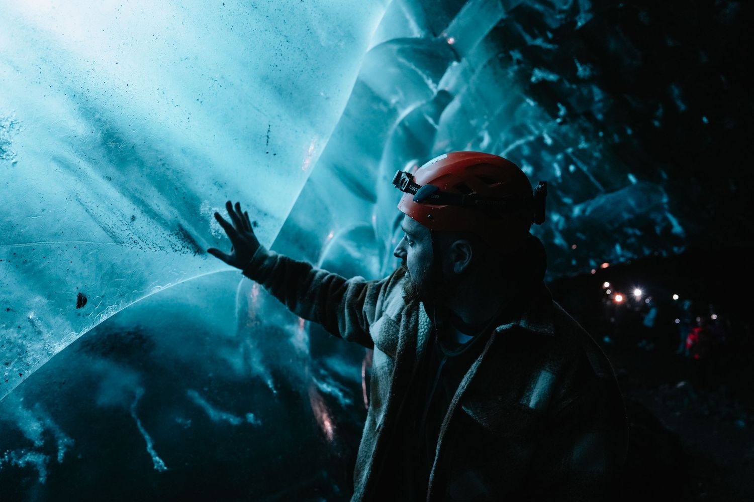 Ethereal blue ice formations in a glacier cave create an otherworldly underground landscape. Iceland.