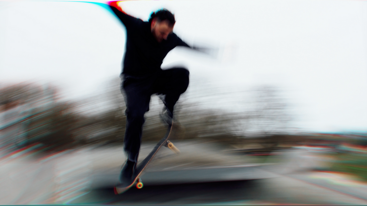 Motion blur skateboarding sequence showing dynamic tricks against white background. Harwich, Essex.
