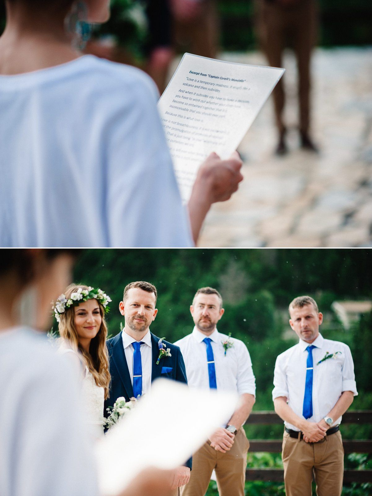 Wedding ceremony vows being read from paper during an outdoor celebration.