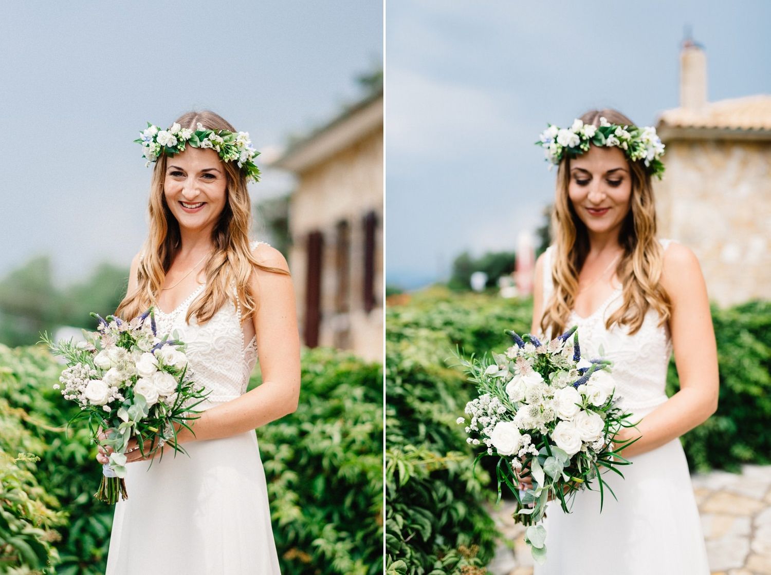 Close up portraits of a bride wearing a floral crown and holding a white bouquet against stone walls and greenery.