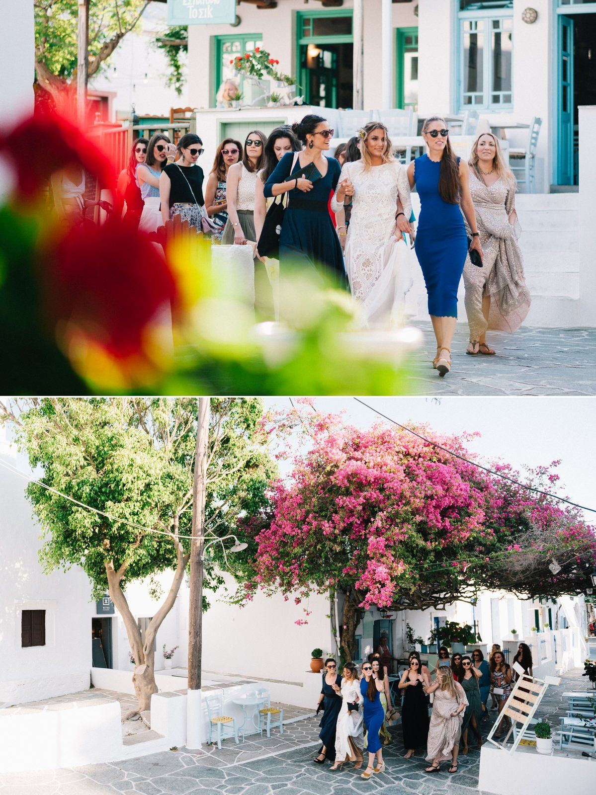 bride and her friends walking in the traditional alleys in folegandros