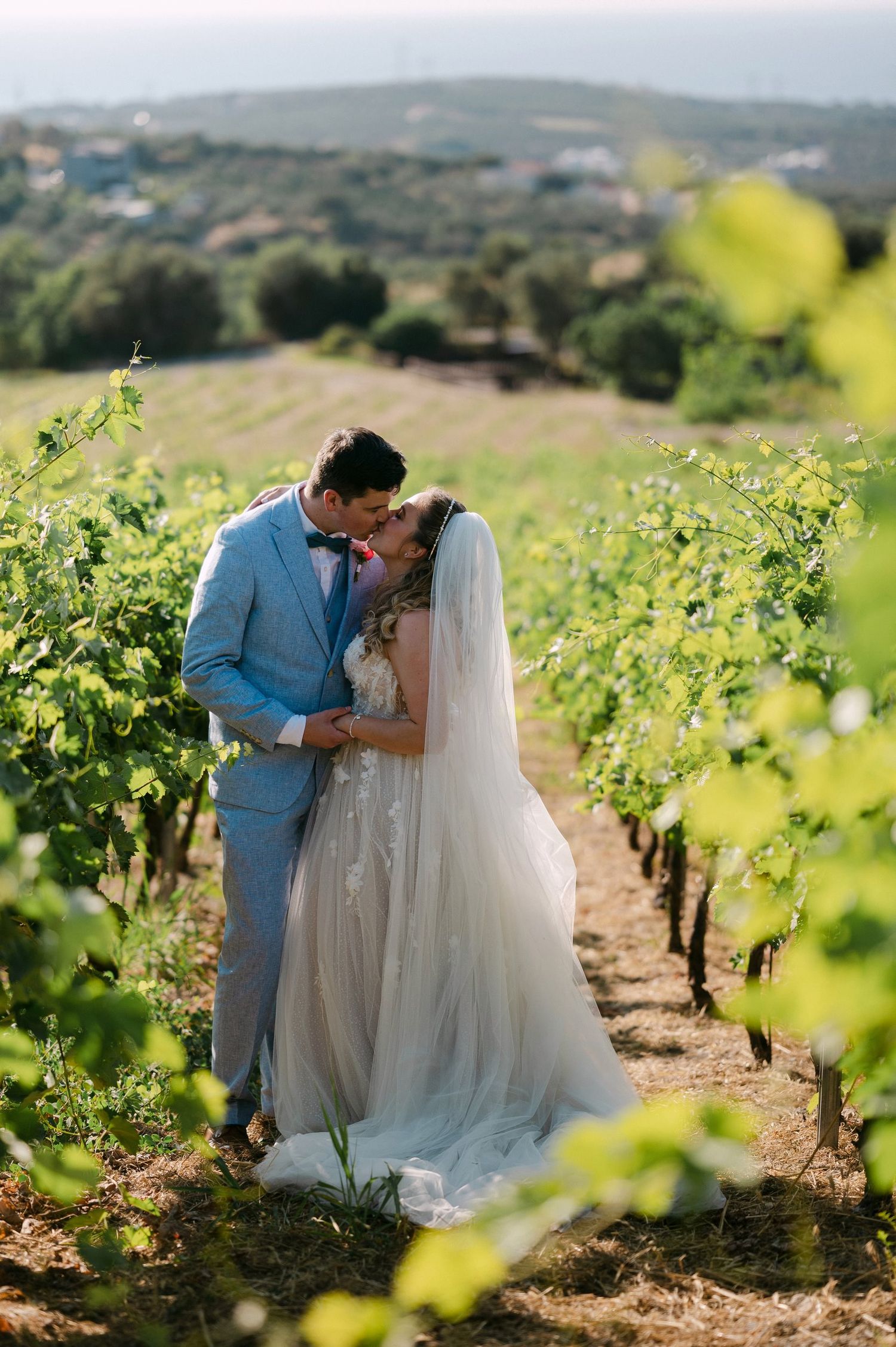 A romantic moment shared between a couple in formal attire standing among vineyard rows on a hillside.