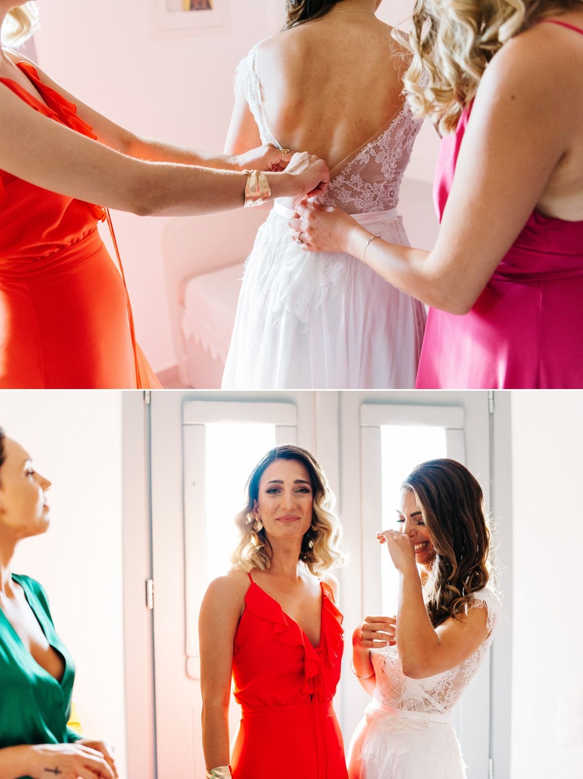 Wedding preparation scene showing bridesmaids in vibrant dresses helping with final touches.