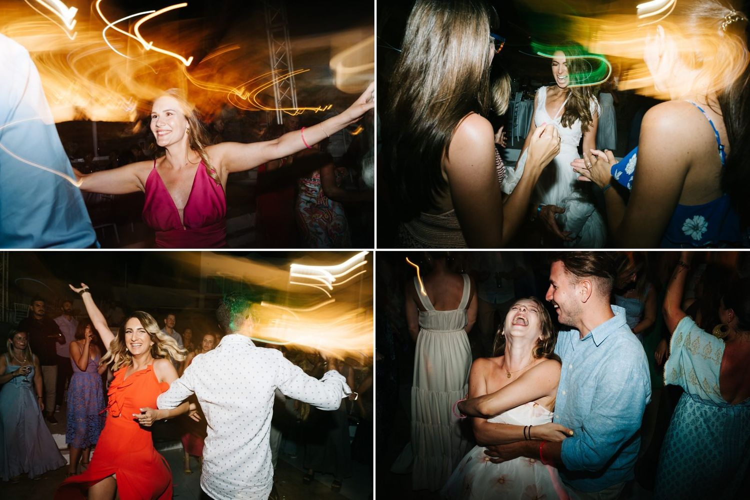 Wedding reception dance floor filled with energetic guests dancing and celebrating under ambient lighting.