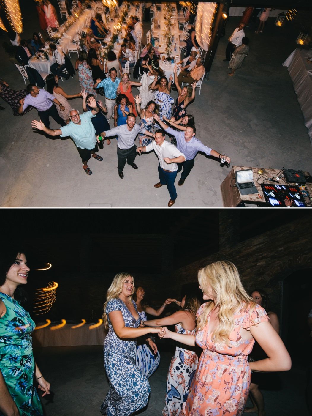 Wedding guests dancing in a circle formation while celebrating on the dance floor.