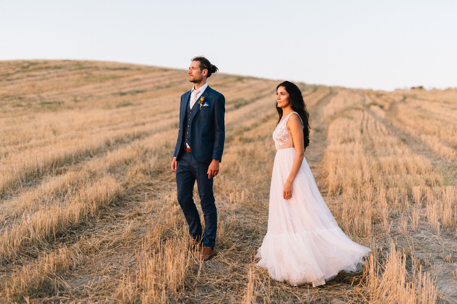 Bride and groom stand apart in golden wheat field during sunset.