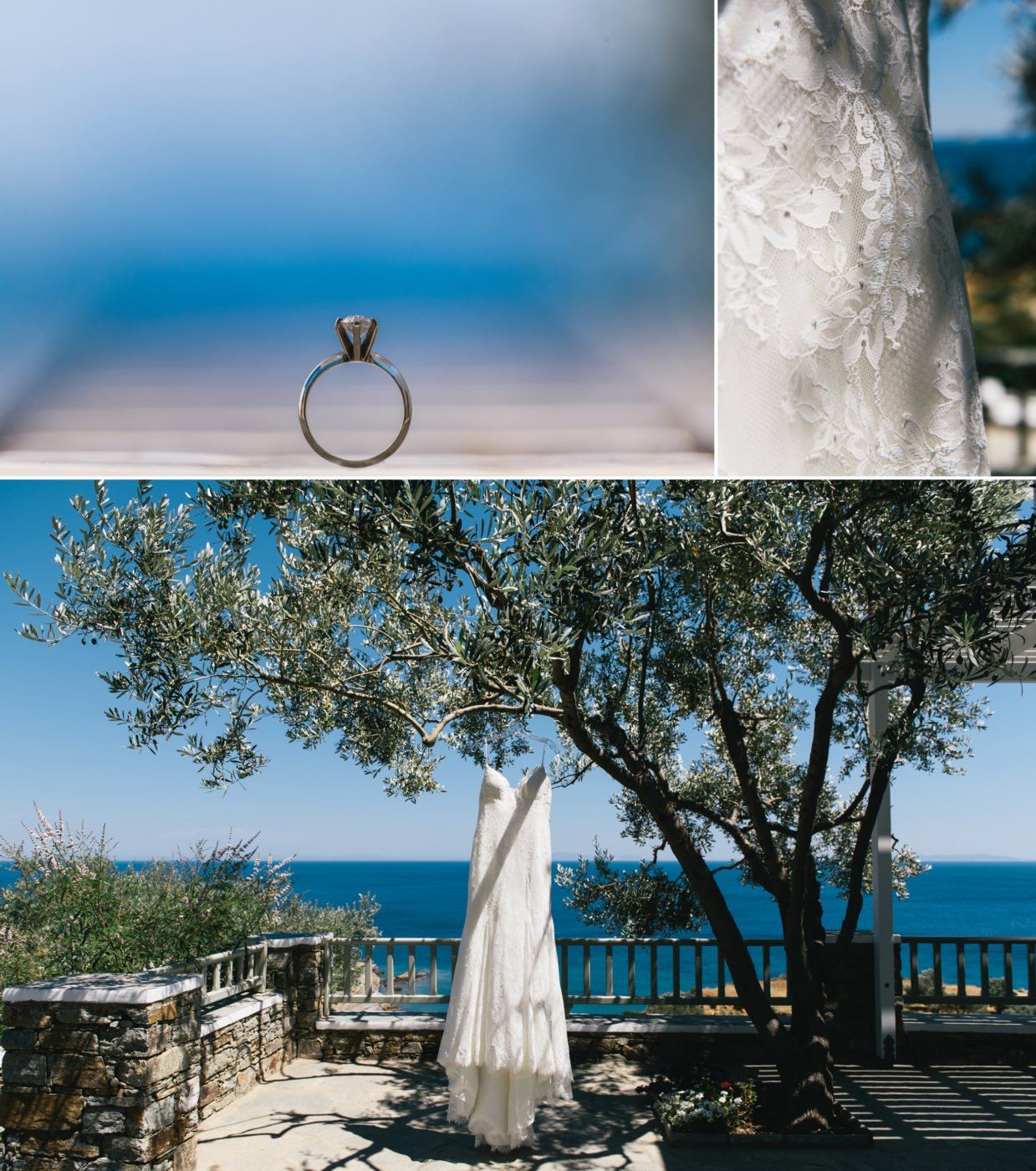 Wedding details including engagement ring, dress, and seaside terrace with olive trees.
