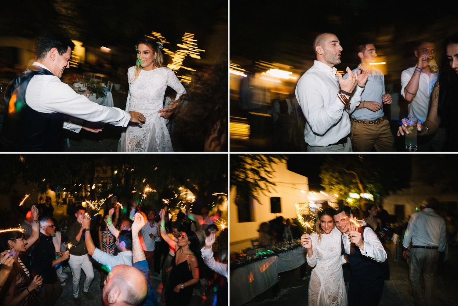 Dynamic wedding party dance scenes captured during an evening reception celebration.