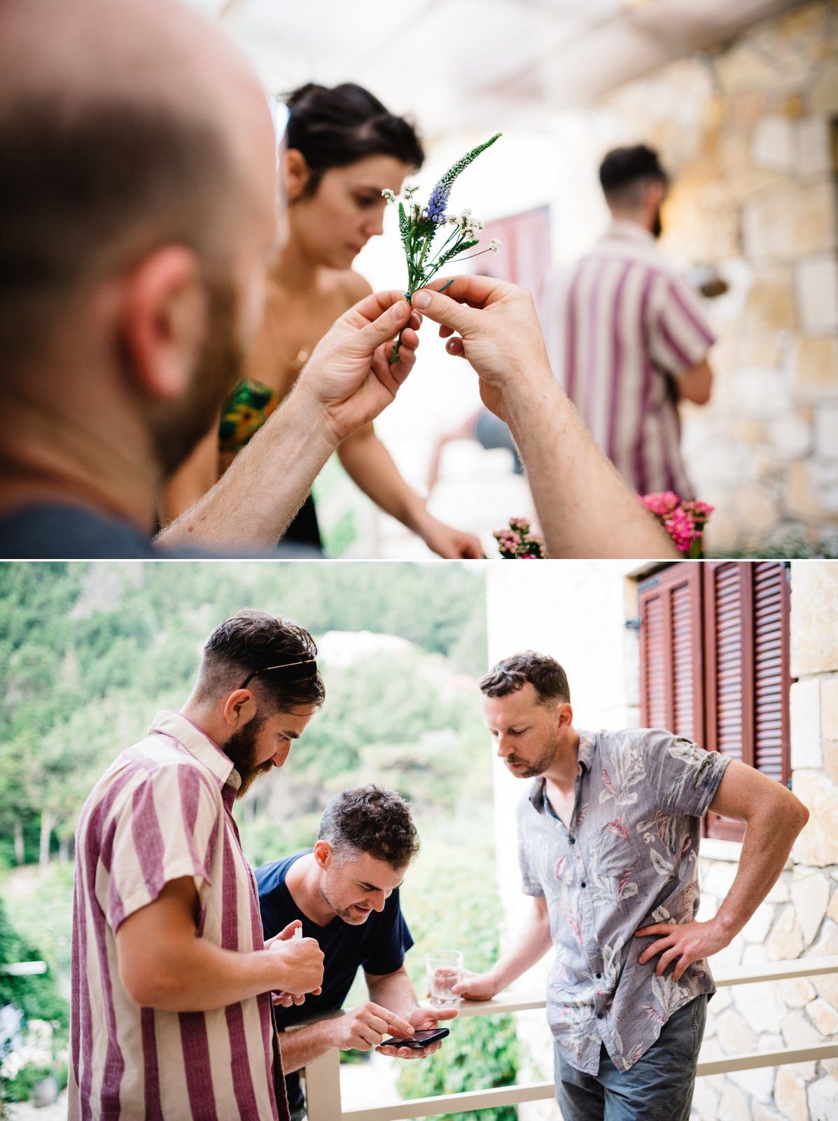 Wedding preparation moments with floral boutonniere details.