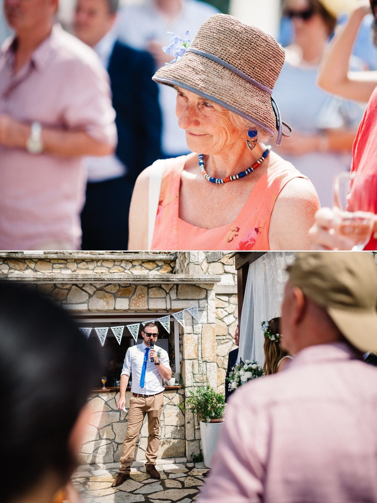Guest in summer attire watching outdoor wedding speeches at stone venue with decorative bunting.