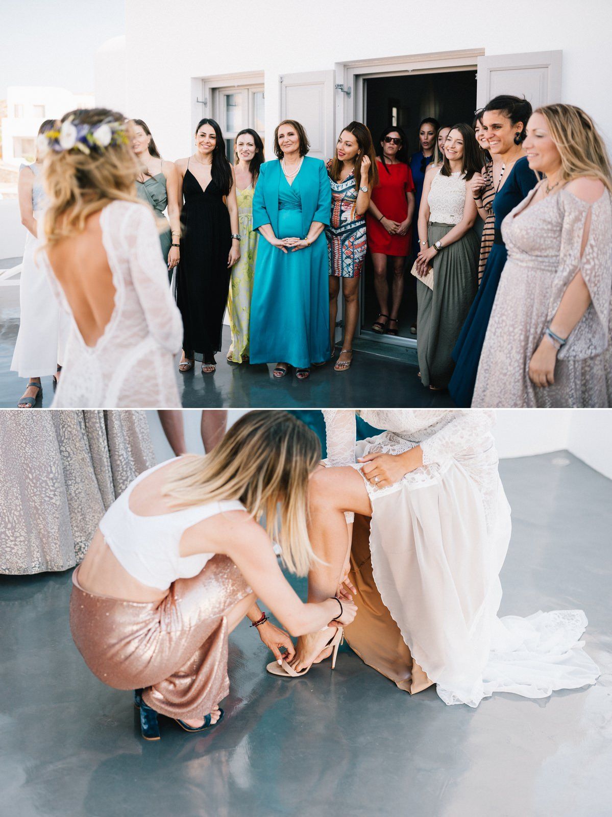 Bridesmaids in colorful dresses gathering around bride in white gown during pre-wedding celebration.