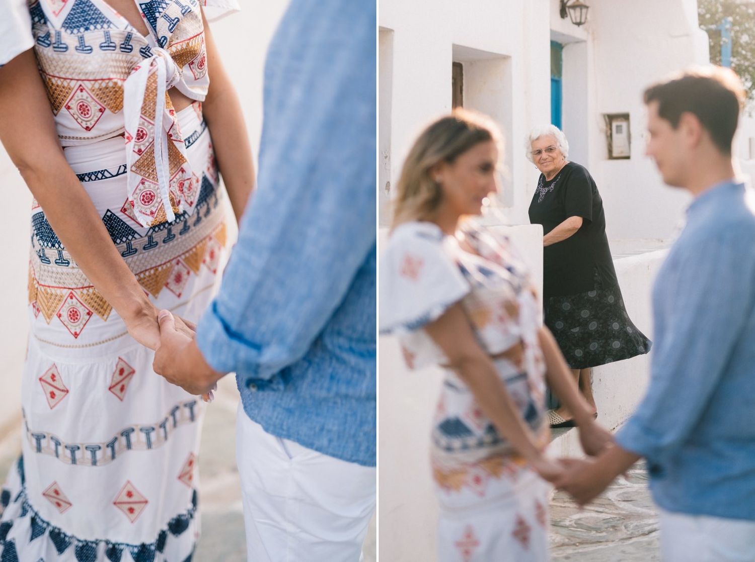 A couple poses in traditional Mediterranean alleyways while someone watches in the background.