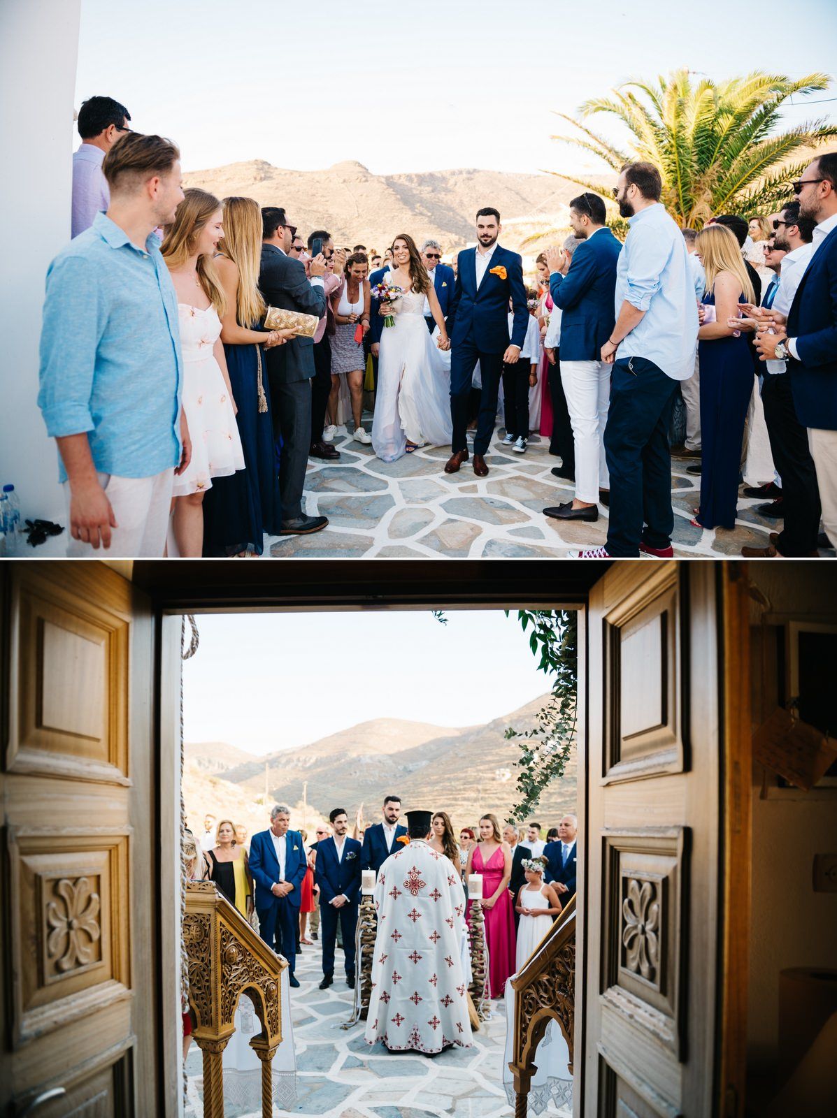 Wedding ceremony procession through traditional Greek architecture with stone pathways and mountain views.