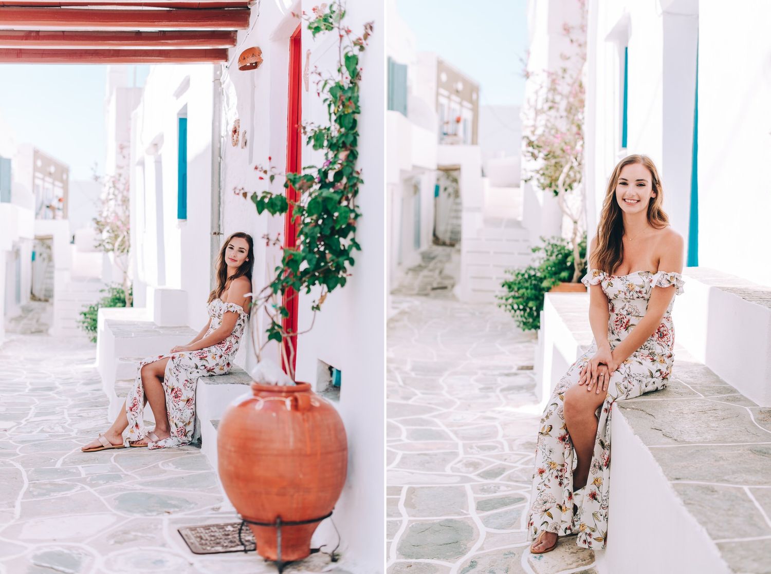 Woman in floral dress poses near large terracotta pot in Mediterranean setting.