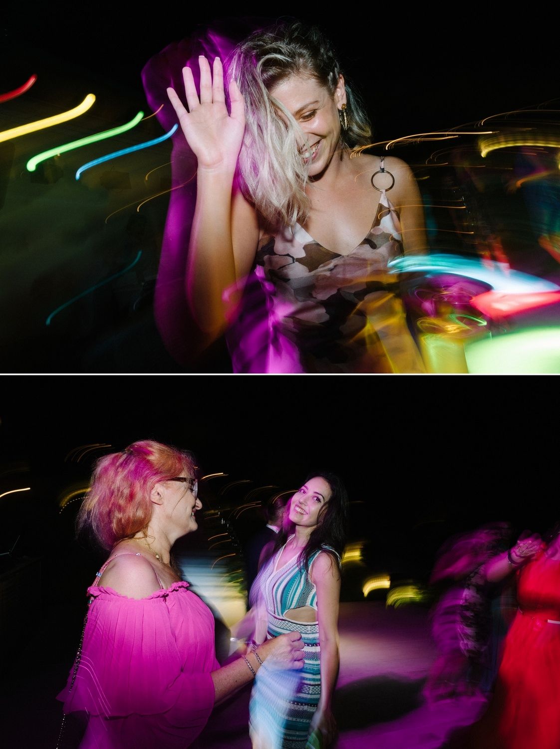 Dynamic nighttime party photos with colorful light trails and dancing figures.