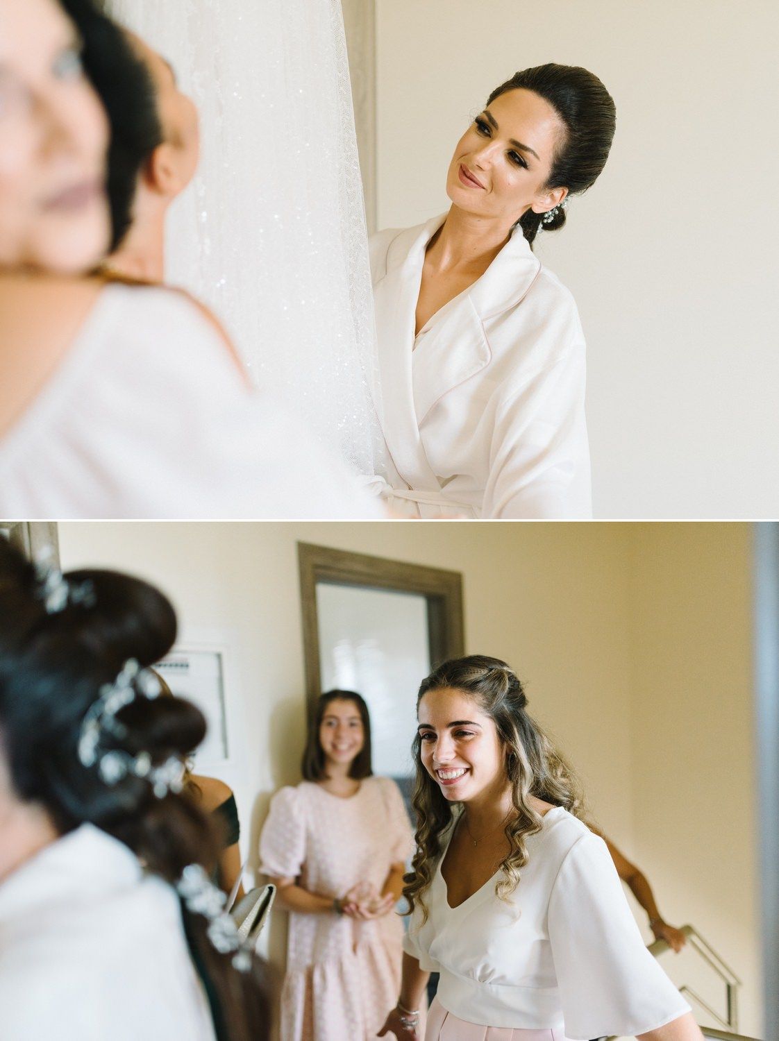 Candid moments of wedding preparation with friends in white and pastel outfits.