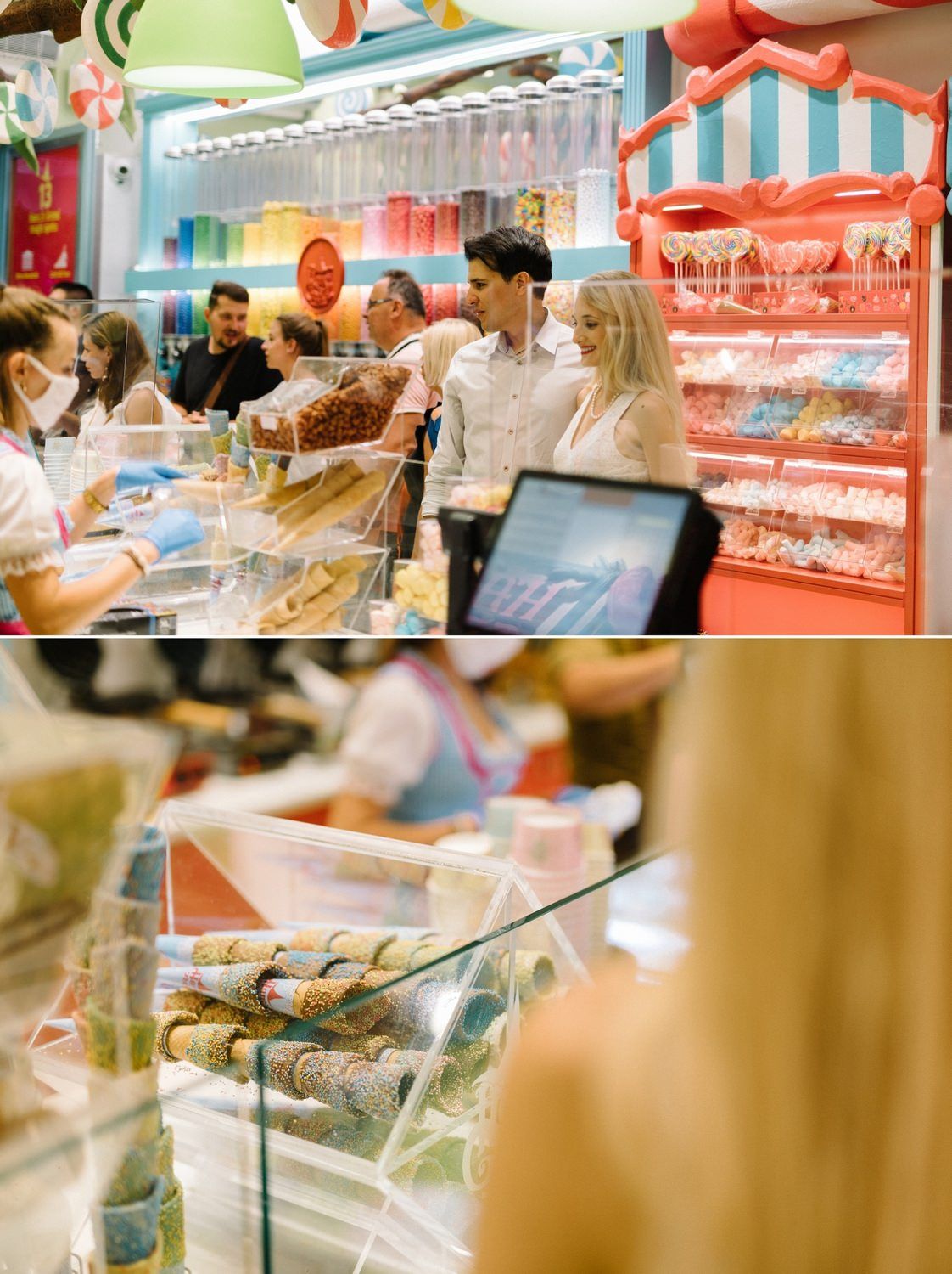 Busy candy shop interior with colorful displays and customers gathered at the counter.
