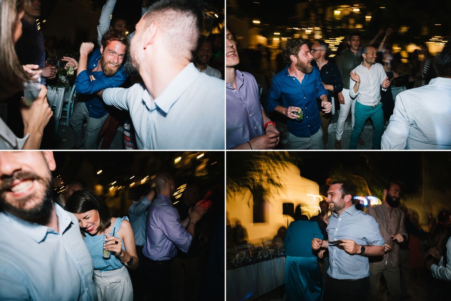 Lively dance party scenes captured at a nighttime celebration with dynamic lighting and movement.