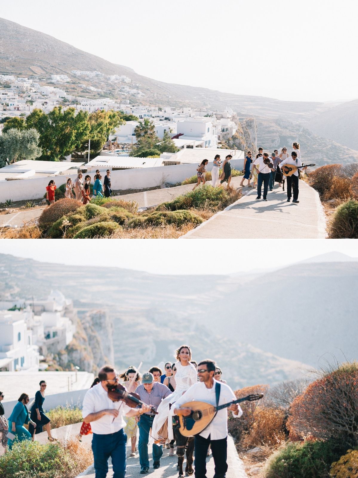 bride is on a donkey on her way to the church at folegandos
