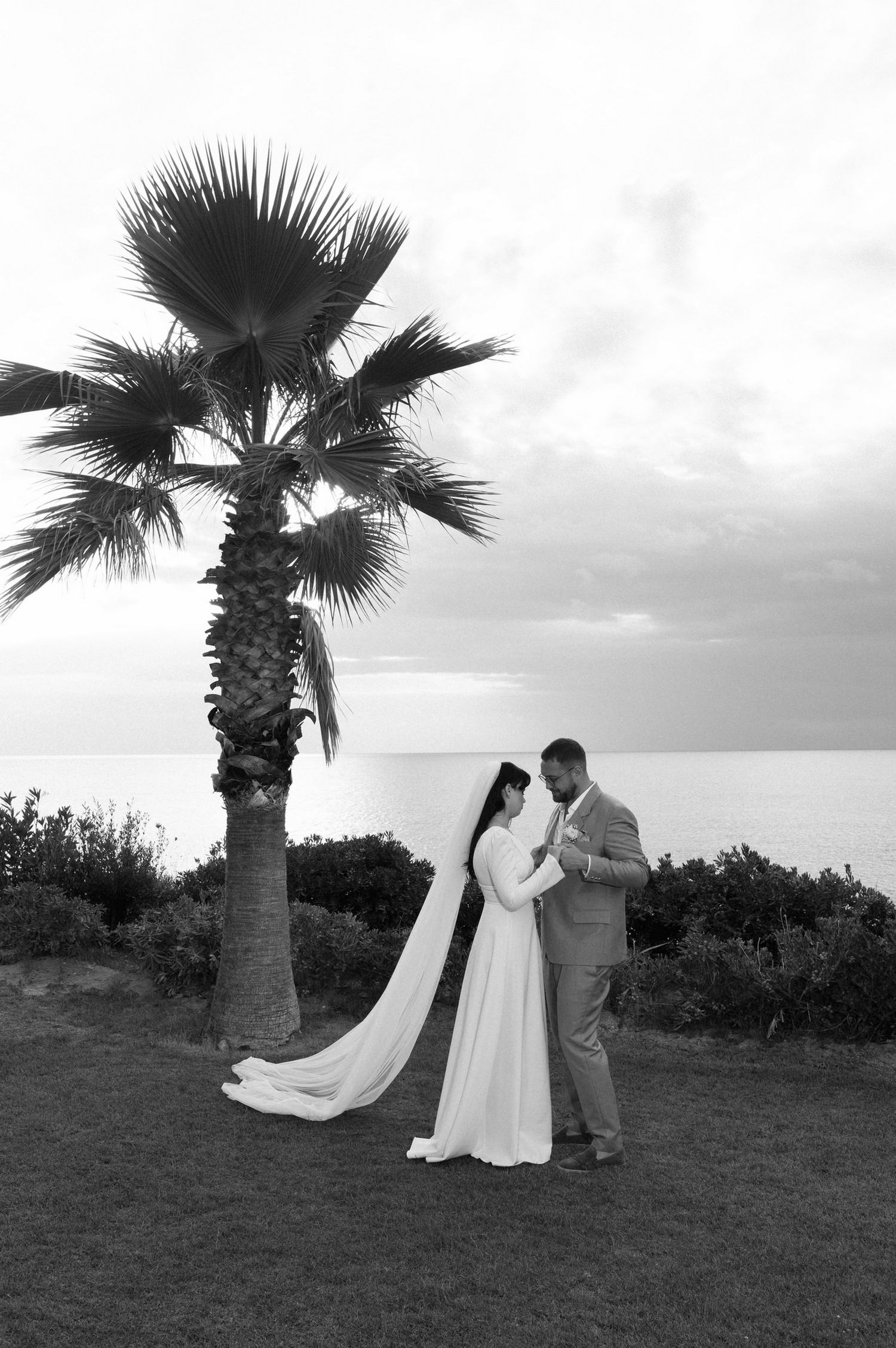 A romantic black and white wedding photo series of a couple posing under palm trees at sunset.