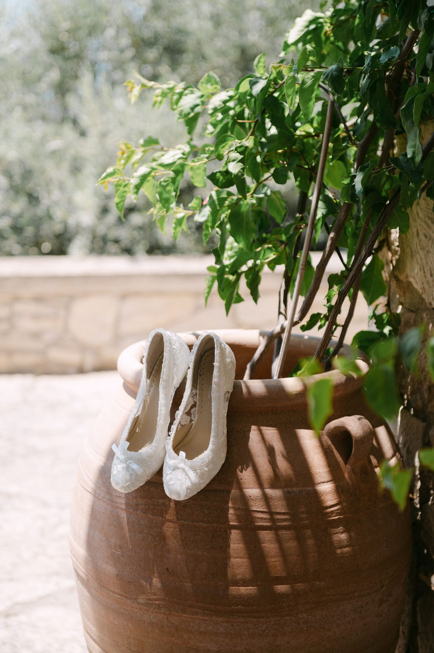 White ballet shoes perched on edge of large terracotta planter with green foliage in outdoor setting.