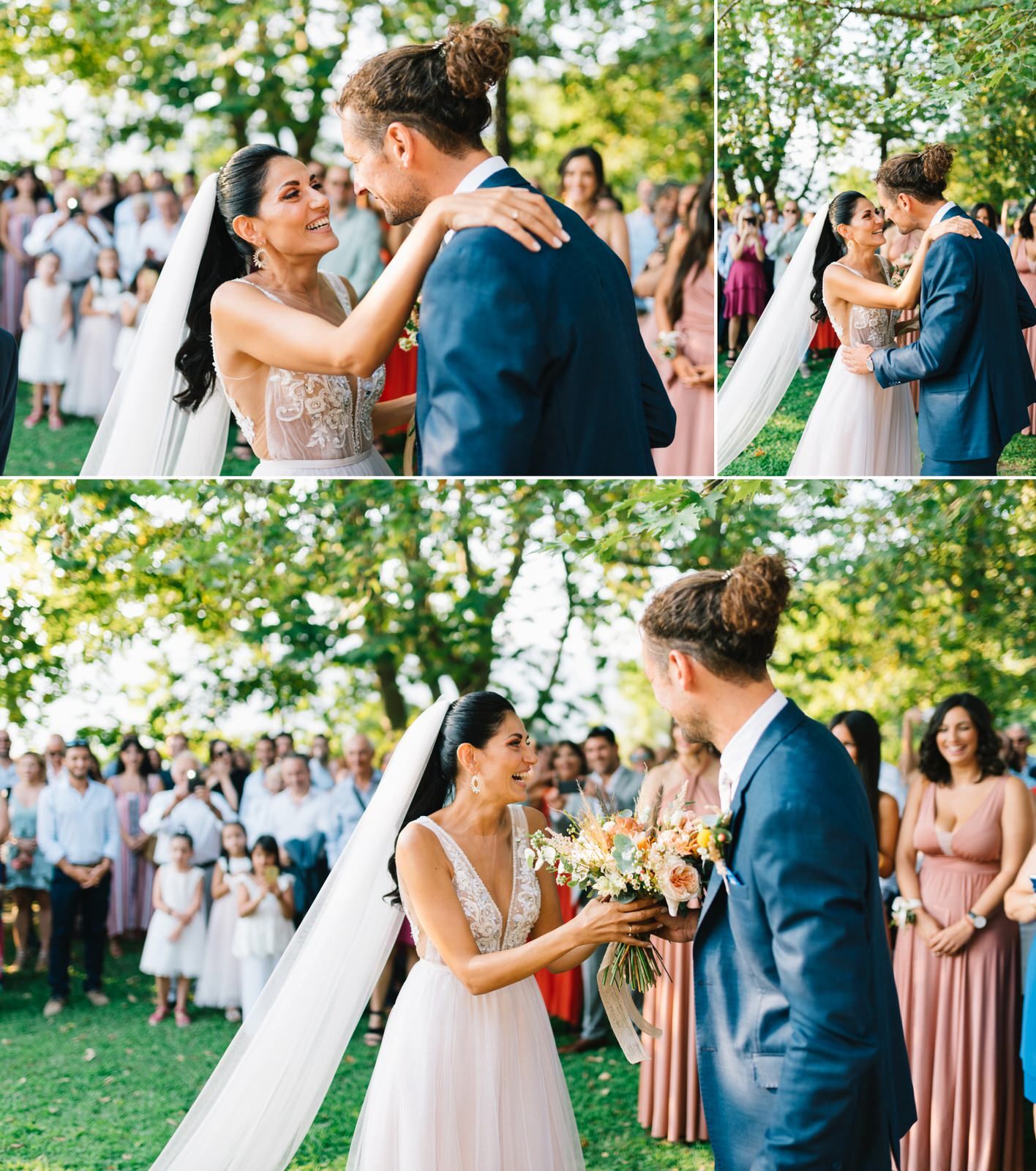 bride is coming in the church and kiss the groom