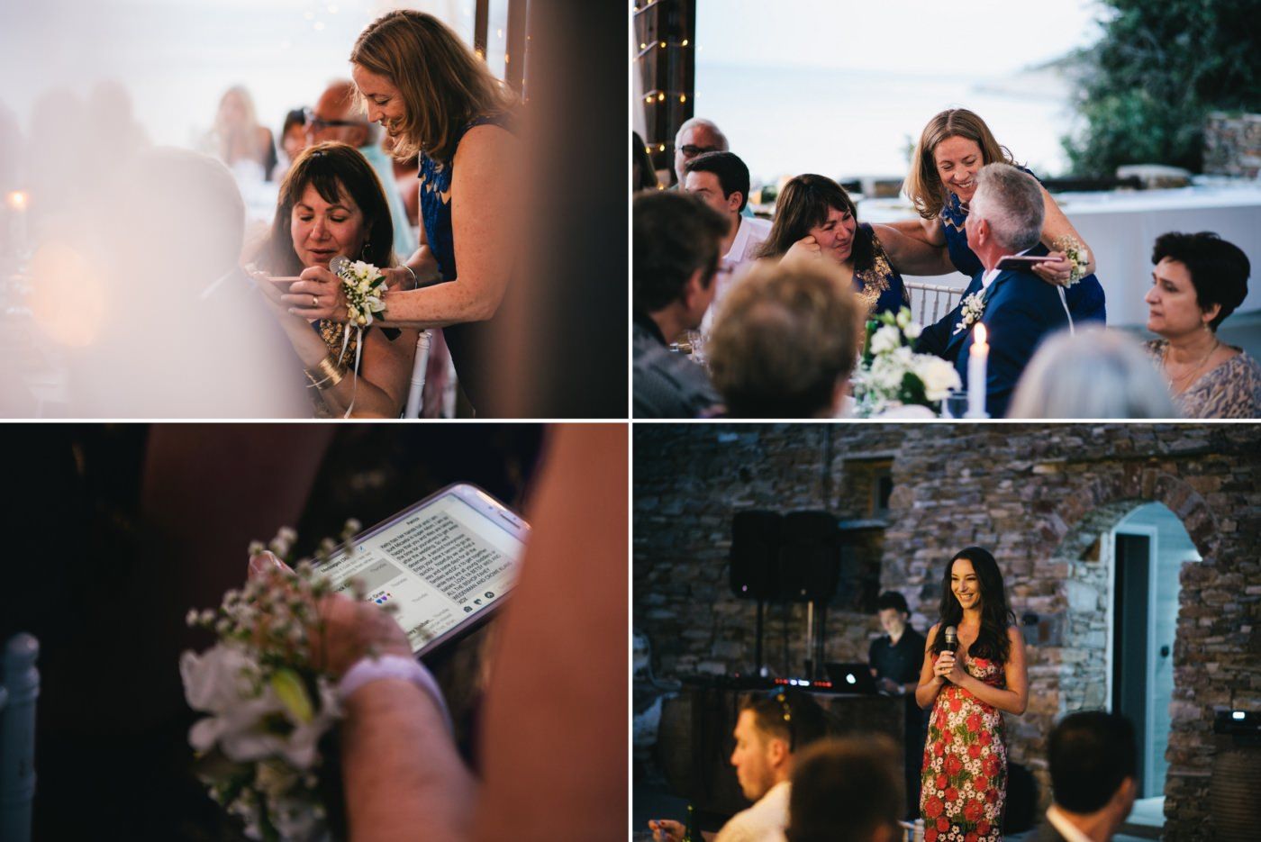 Intimate moments captured during wedding speeches and toasts at evening reception.