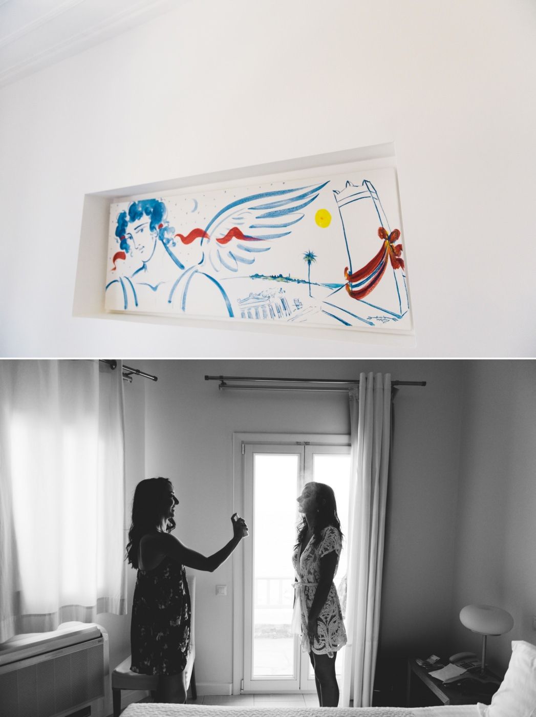 Artistic illustration of figures in blue and red hangs above two silhouettes chatting by a window.