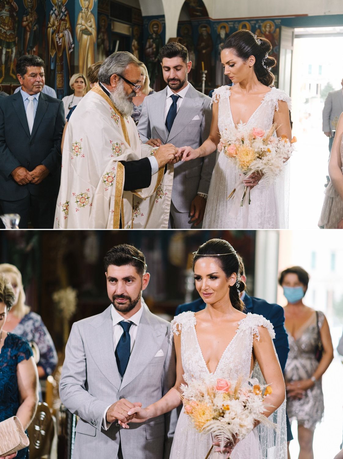 Traditional religious wedding ceremony in church with ornate decorations.