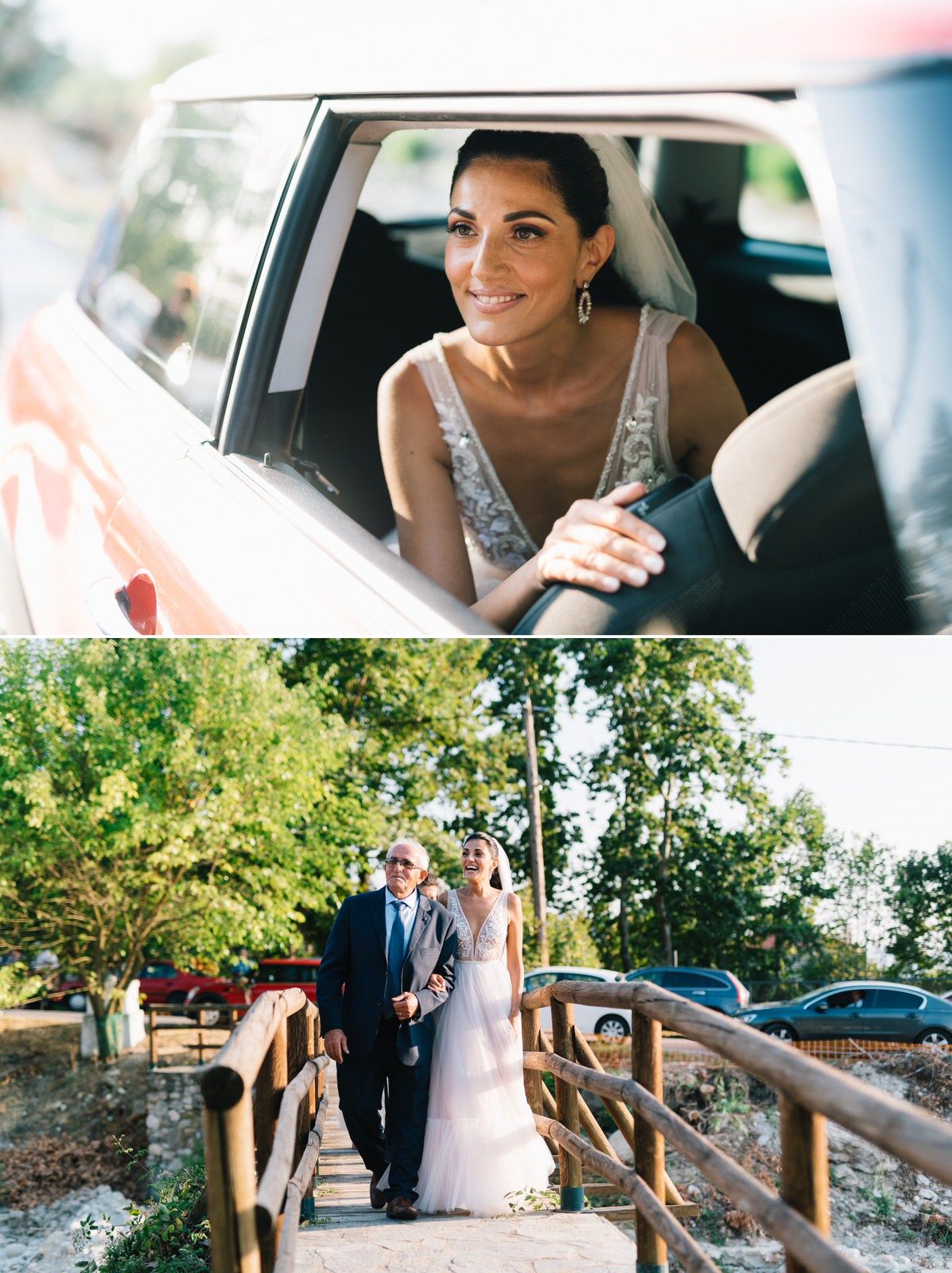 Newlyweds cross a wooden bridge together at their outdoor wedding celebration.