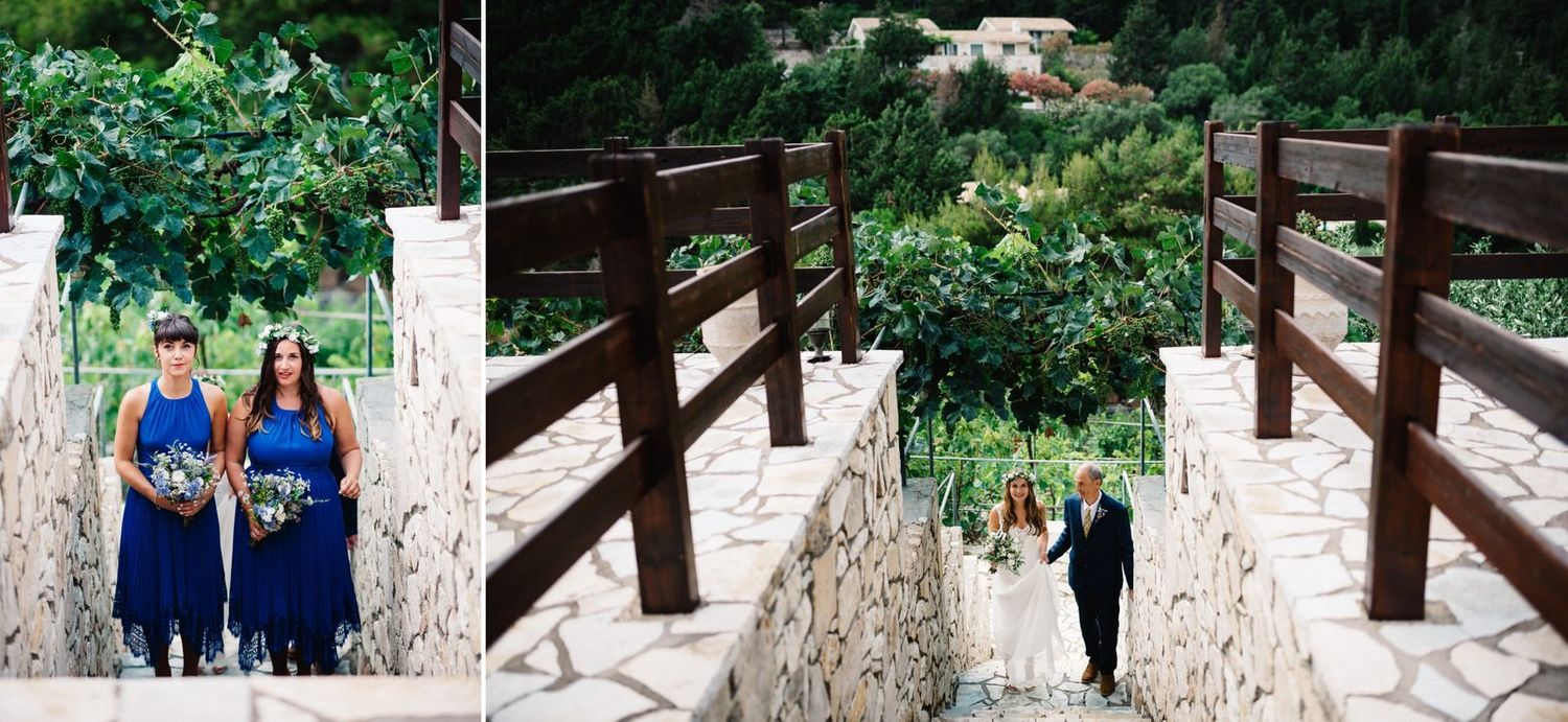 Wedding party photos on stone pathways and bridges at an outdoor venue.