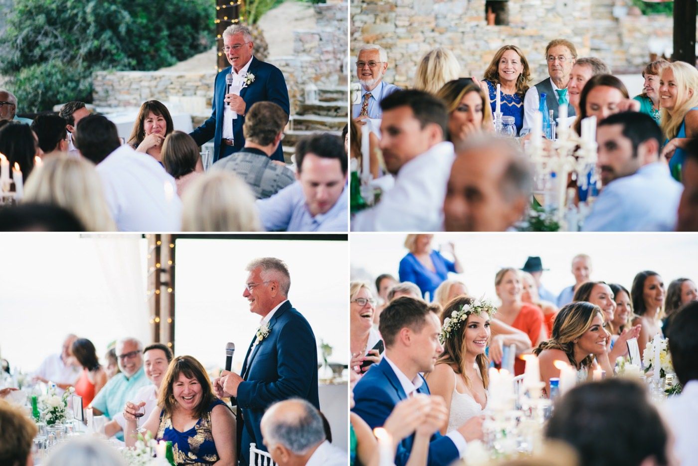Candid moments from wedding reception with guests dining and celebrating.