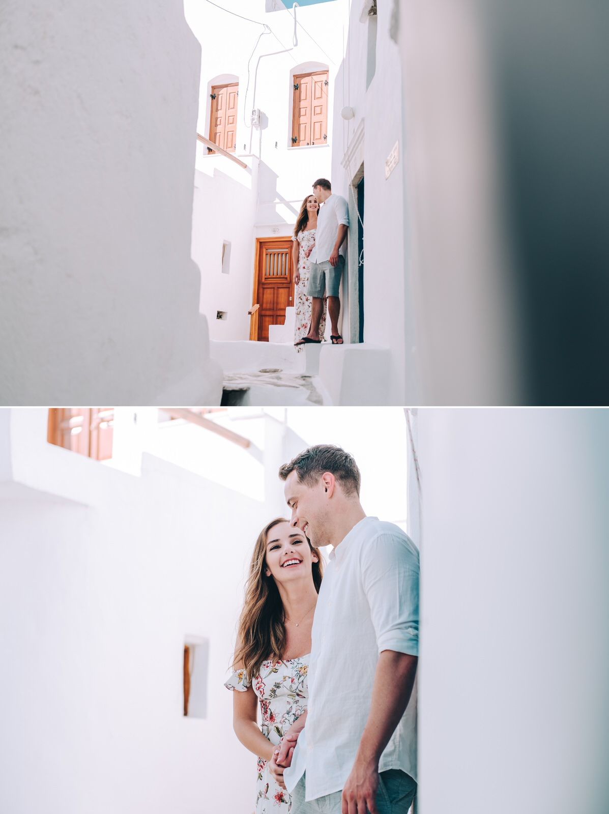 A romantic scene in a narrow whitewashed alley with traditional Mediterranean architectural details.